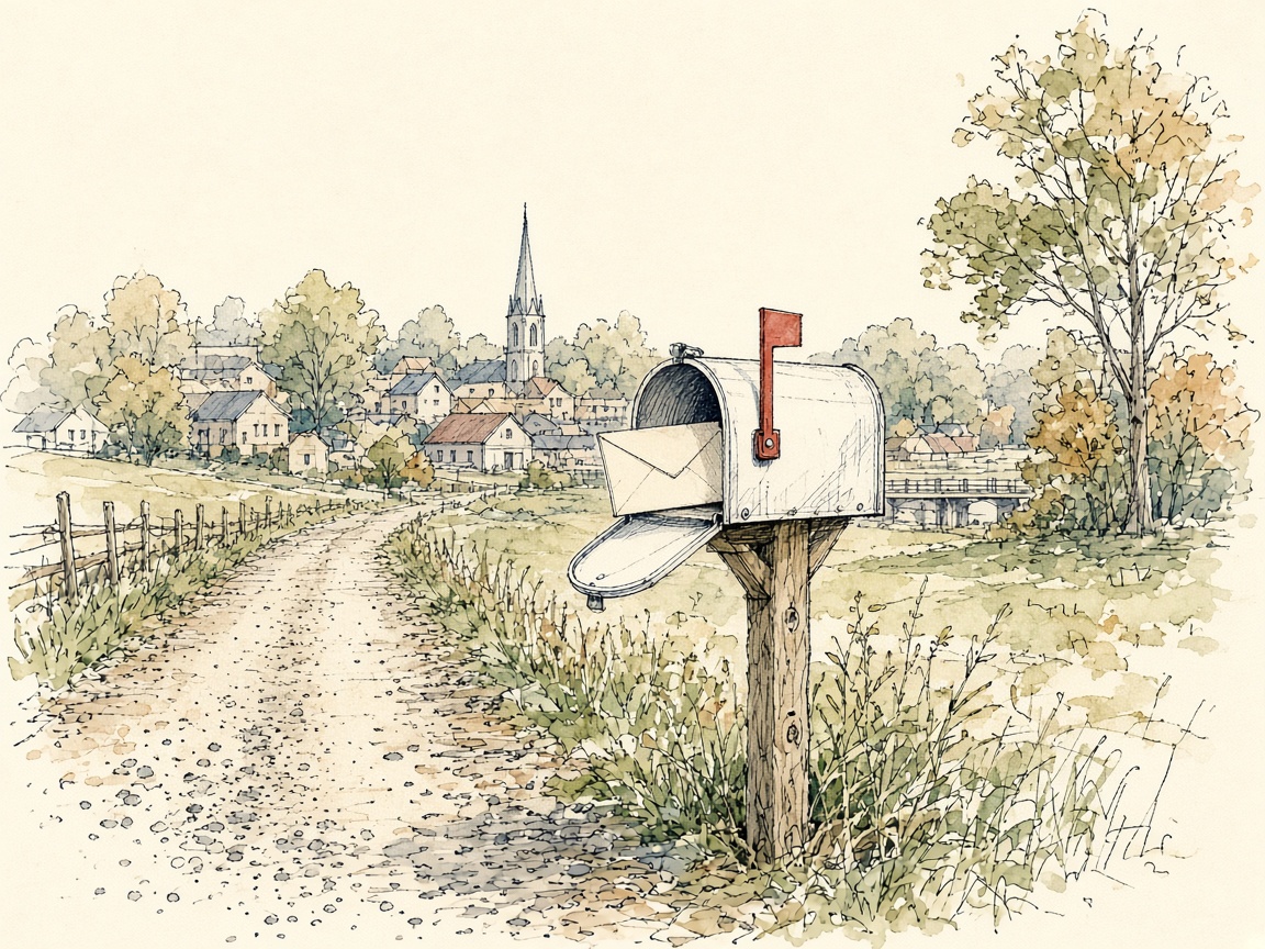 Pen and wash sketch of a mailbox with the flag up
